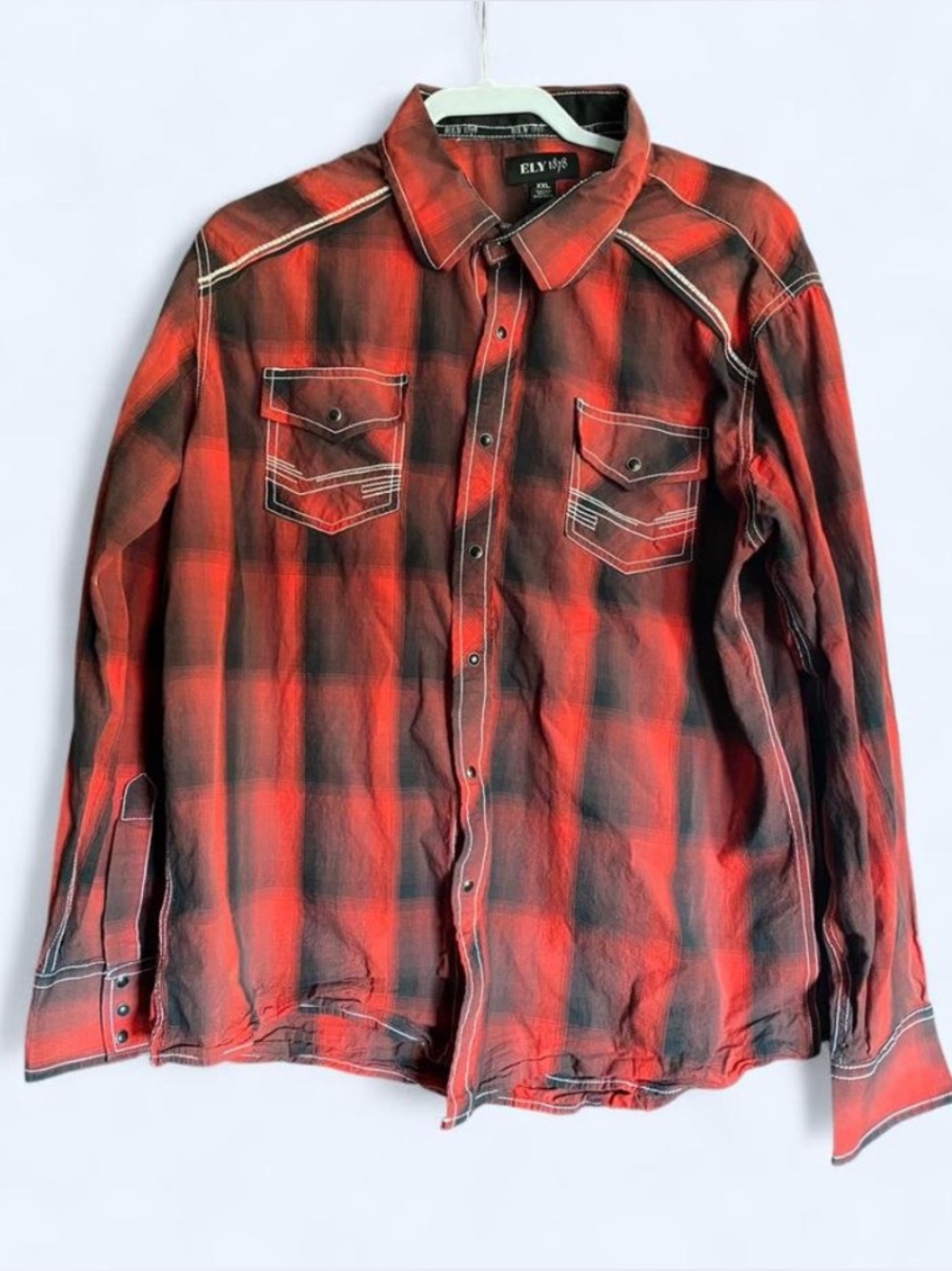ELY 1878 Men's XXL Western Plaid Snap Shirt Red Black Contrast Stitch